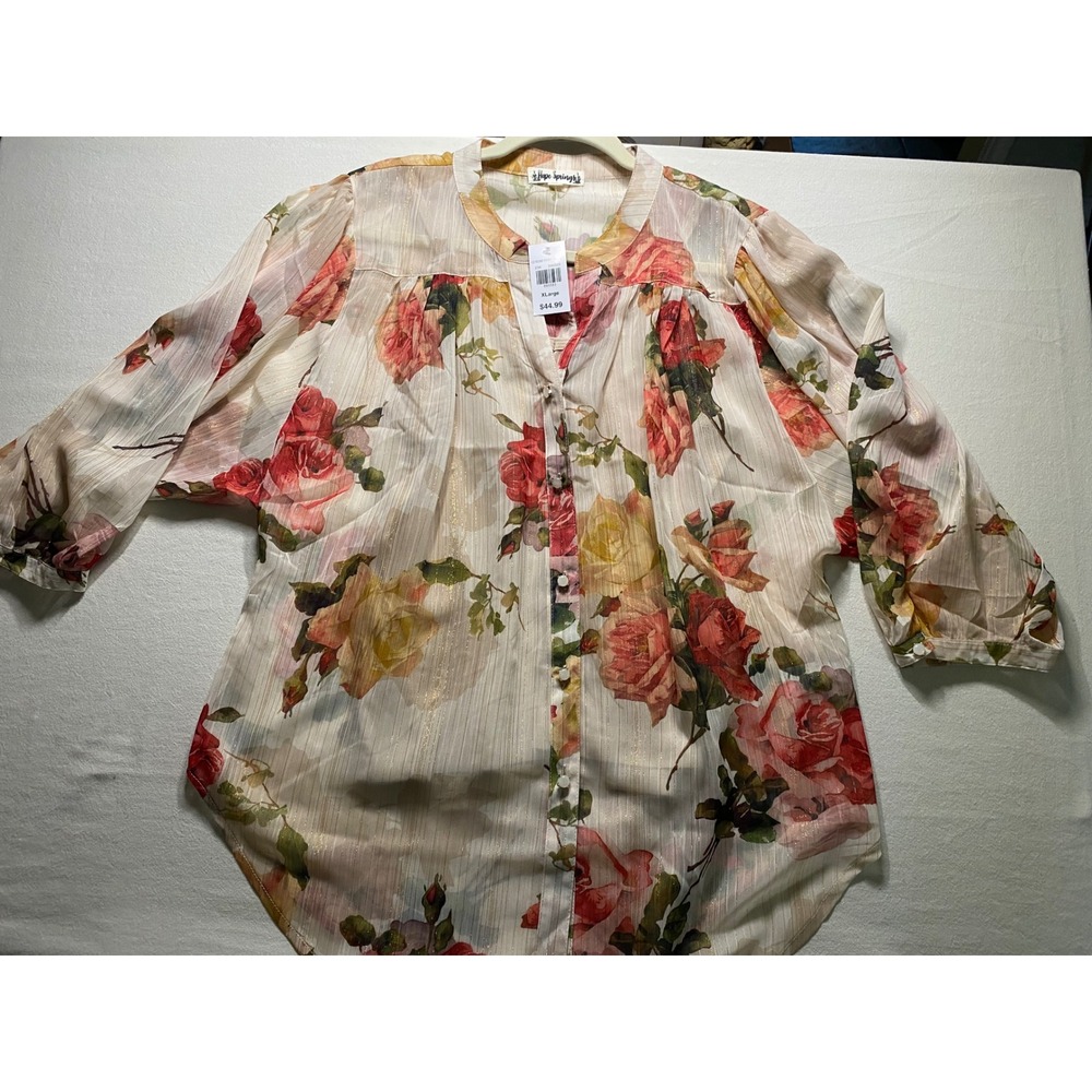 Hope Springs Rose Floral Blouse Metallic Stripe Button Front XL NWT